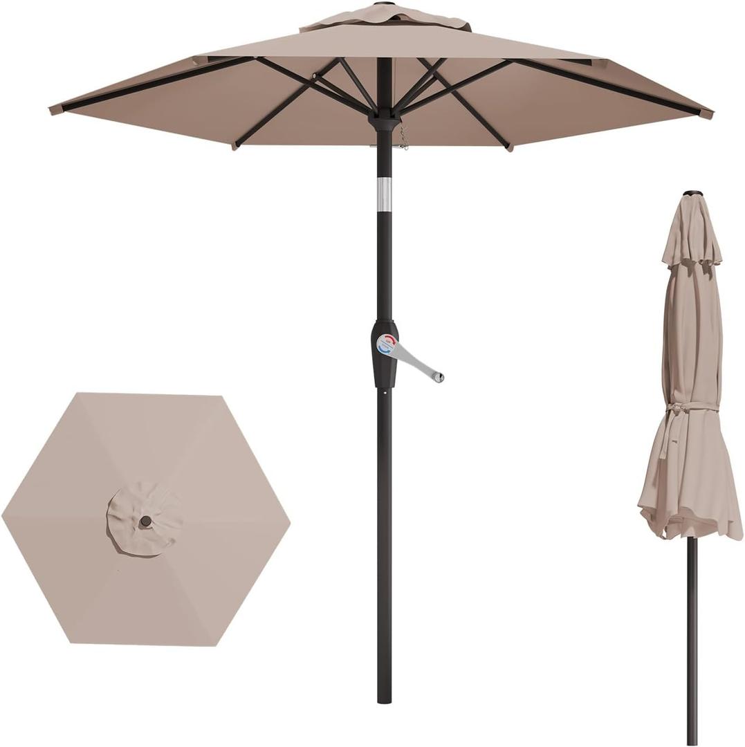 7.5FT Patio Umbrella Table Market Umbrella w/Tilt and Crank Heavy-Duty Round Outdoor Umbrellas for Garden, Deck, Backyard, Pool and Beach, Khaki