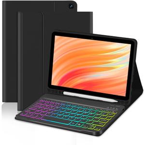 Tablet Case with Keyboard for Amazon Kindle Fire HD 10&10 Plus 11/13th Gen 10.1 inch,7 Color Rainbow Backlit Detachable Keyboard Magnetic Cover with Pen Slot HD 10 2021&2023 Black+Black