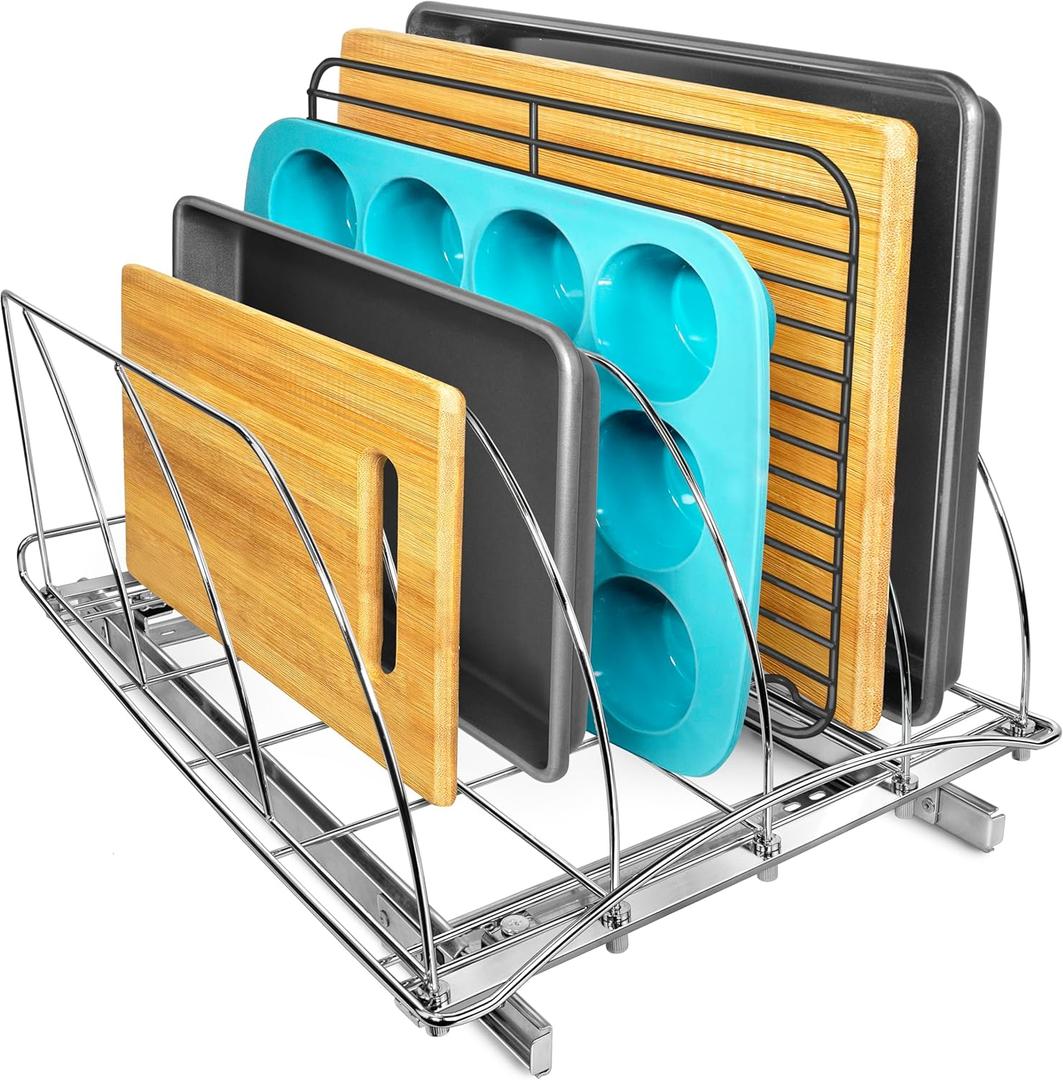 LYNK PROFESSIONAL Pull Out Cutting Board, Cookie Sheet, and Baking Pan Organizer Rack - Slide Out Kitchen Cabinet Organizers 14W x 21D - Pullout Shelf, Extra-Large, Chrome (Extra Large 14" Wide)