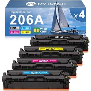 MYTONER 206A Toner Cartridges 4 Pack (with Chip) Compatible Replacement for HP 206A 206X for Color Pro MFP M283fdw M283cdw M282nw Pro M255dw M255nw M283 M255 M282 Printer W2110A W2110X High Yield