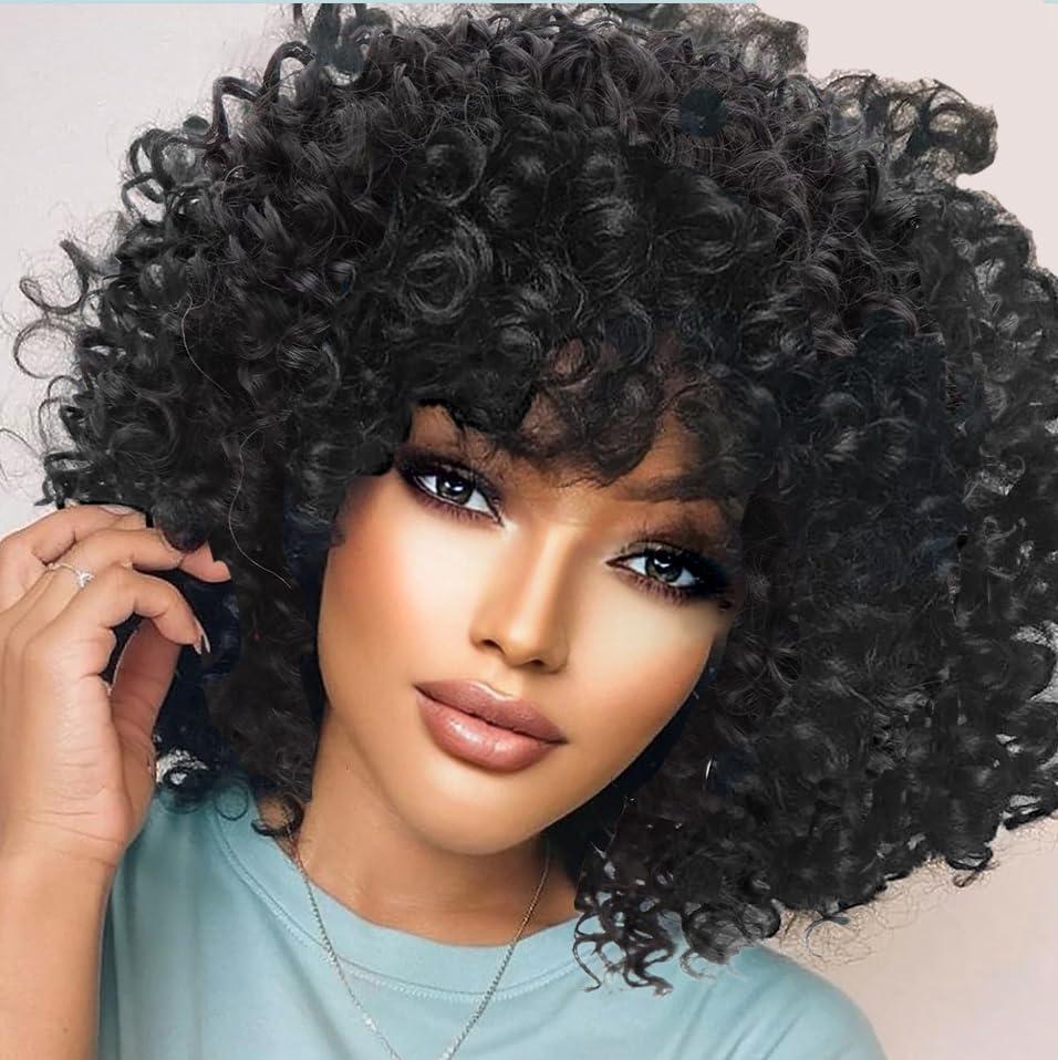 Curly Wigs for Black Women Short Curly Wig with Bangs Soft Big Bouncy Fluffy Small Curls Heat Resistant Synthetic Wig for Daily Party Use (Natural Black, 14Inch)