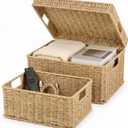 Wicker Storage Basket with Lid - Woven Basket for Storage,Rectangular Decorative Boxes Bins with Lids for Shelves,living room, Nursery, 2 baskets+1 lid(Natural)
