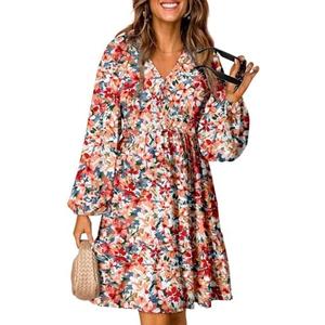 Dokotoo Fall Dresses for Women 2025 Boho Floral V Neck Long Sleeve Smocked Elastic Waist Casual A-Line Mini Dress Sundress Large