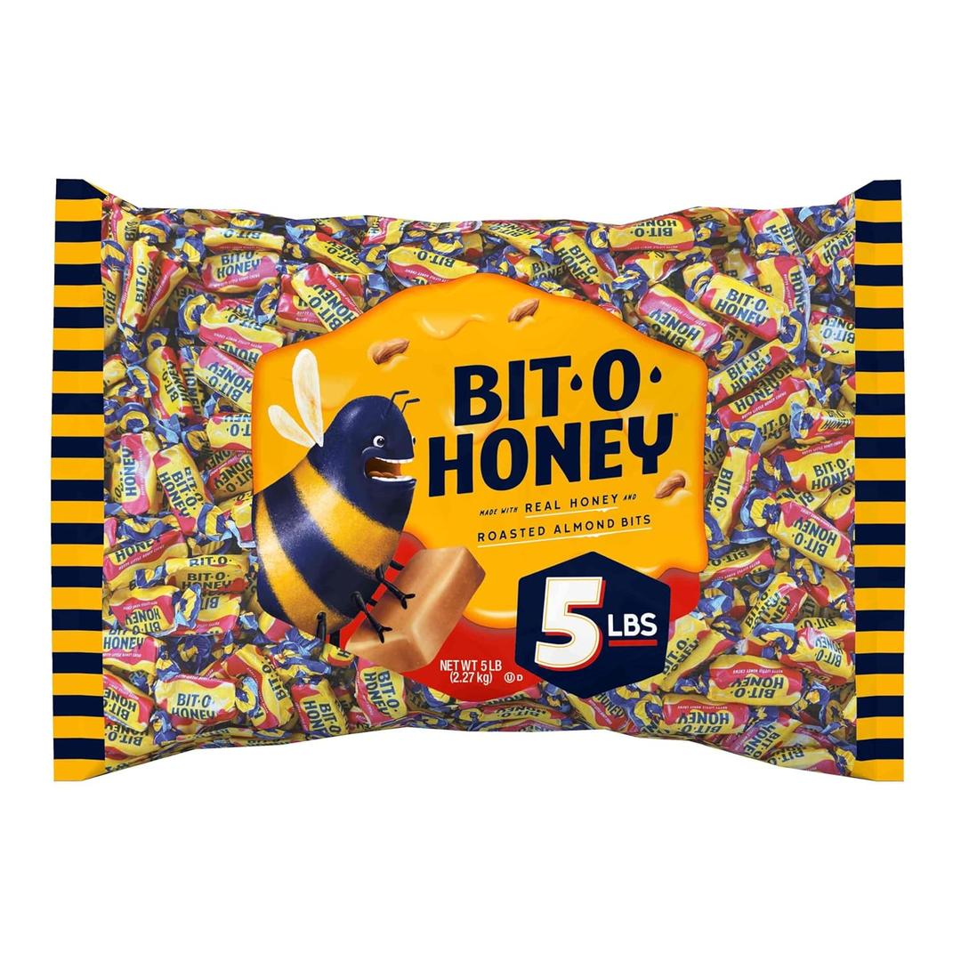 Bit O Honey Candy - Individually Wrapped Honey Taffy with Roasted Almond Bits, Gluten-Free, Classic Bite-Sized Treats, Sweet and Chewy Taffy Candy Bulk Bag - 5 LBS (EXP 05/01/27)