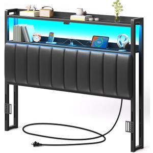 Rolanstar Headboard for Full Size Bed with Storage, 60,000 DIY Color of LED Light, Head Board with USB & Type C Port, Height Adjustable, Black Upholstered Cabeceras de Cama Comfortable Modern, Leather