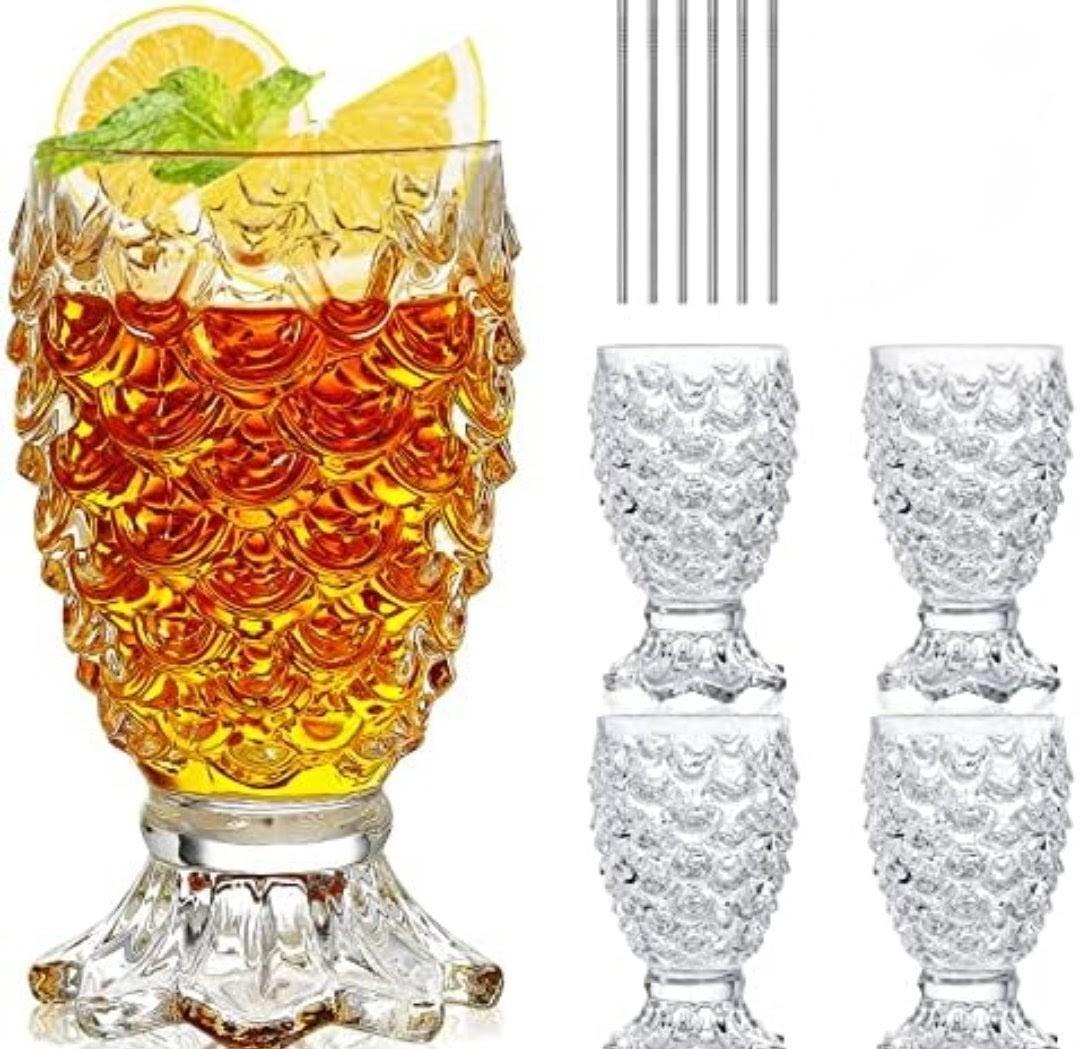 INFTYLE Set of 4 Pineapple Cocktail glasses Vintage glassware Whiskey Glasses Classic Wine Drinking Glasses Mixed Drinkware Sets Gift for Men Women(8oz)
