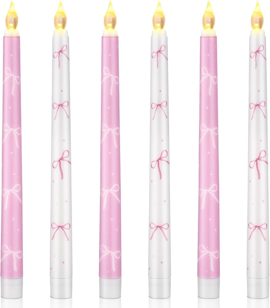 6 Pcs Pink Bow Flameless Taper Candles Coquette Bowknot LED Flickering Candles White and Pink Coquette Party Decorations for Birthday Bridal Wedding Dinner Party (Batteries Not Included)