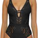 BECCA Color Play One Piece Swimsuit, Plunge Neck, Crochet, Bathing Suits for Women (Large)