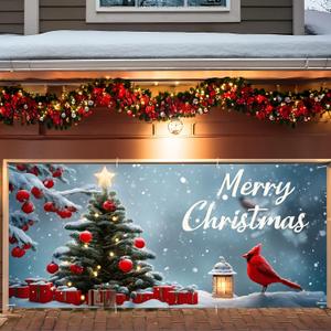 Christmas Garage Door Banner 6x13FT, Cardinal Bird & Ornament Christmas Tree Scene, Large Outdoor Garage Door Cover for Holiday Yard Decorations, Winter Snow Xmas Party Backdrop