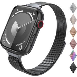 for Apple Watch Band Series Ultra SE 8 7 6 5 4 3 2 1 38mm 40mm 41mm Stainless Steel Slim & Thin Mesh Magnetic Clasp Strap Women and Girl Replacement Band for iWatch (Black)