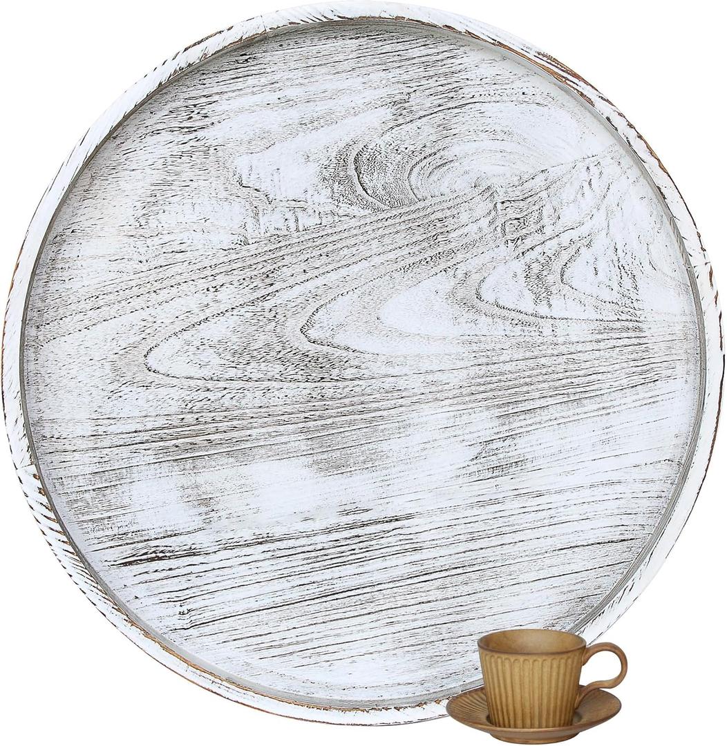 Gurfuy Extra Large Round Ottoman Table Tray Round-24 - Rustic Wooden Serving Tray for Farmhouse Decorative Oversized Coffee Table Trays Living Room Kitchen Counter Breakfast Whitewash