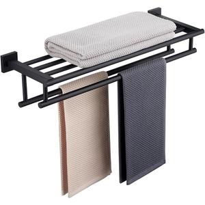 Towel Rack for Bathroom 24 Inch Wall Mounted Towel Rack Matte Black Towel Shelf with Double Towel Bar SUS304 Stainless Steel Towel Holder for Bathroom Wall Hotel Towel Rail (24 Inch/ 60cm)