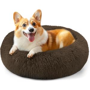 28in Large Dog Bed, Medium Size Dog and Cats, Calming Donut Bed for Puppy and Kitten, Washable Round Fluffy Pet Bed (Coffee)