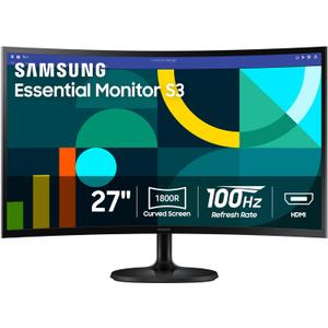 Samsung 27" Essential S3 (S36GD) Curved Monitor - FHD, 1800R Curved Screen, 100Hz, Eye Saver Mode, Game Mode, HDMI D-sub, LS27D36CGANXZA