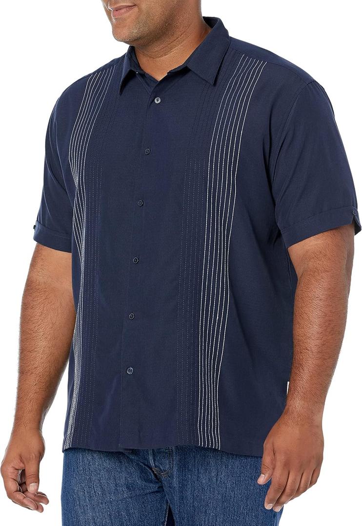 Cubavera Men's Striped Panel Dobby Short Sleeve Button-Down Shirt, Regular Fit, Point Collar, Soft Touch, 3X-Large Big, Dress Blues