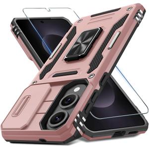 DEERLAMN Case for Samsung Galaxy S25 Edge with Slide Camera Cover+Screen Protector (1 Pack), Rotated Ring Kickstand Military Grade Shockproof Protective Cover-Rose Gold (S25 Edge-6.7 Inch)