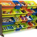 Humble Crew Extra-Large Toy Organizer with 20 Plastic Bins Dark Walnut/Neon Storage Rack with 4-Tier Shelves, Anti-Tip Safety, for Kids Rooms, Playrooms, Nurseries & Classrooms