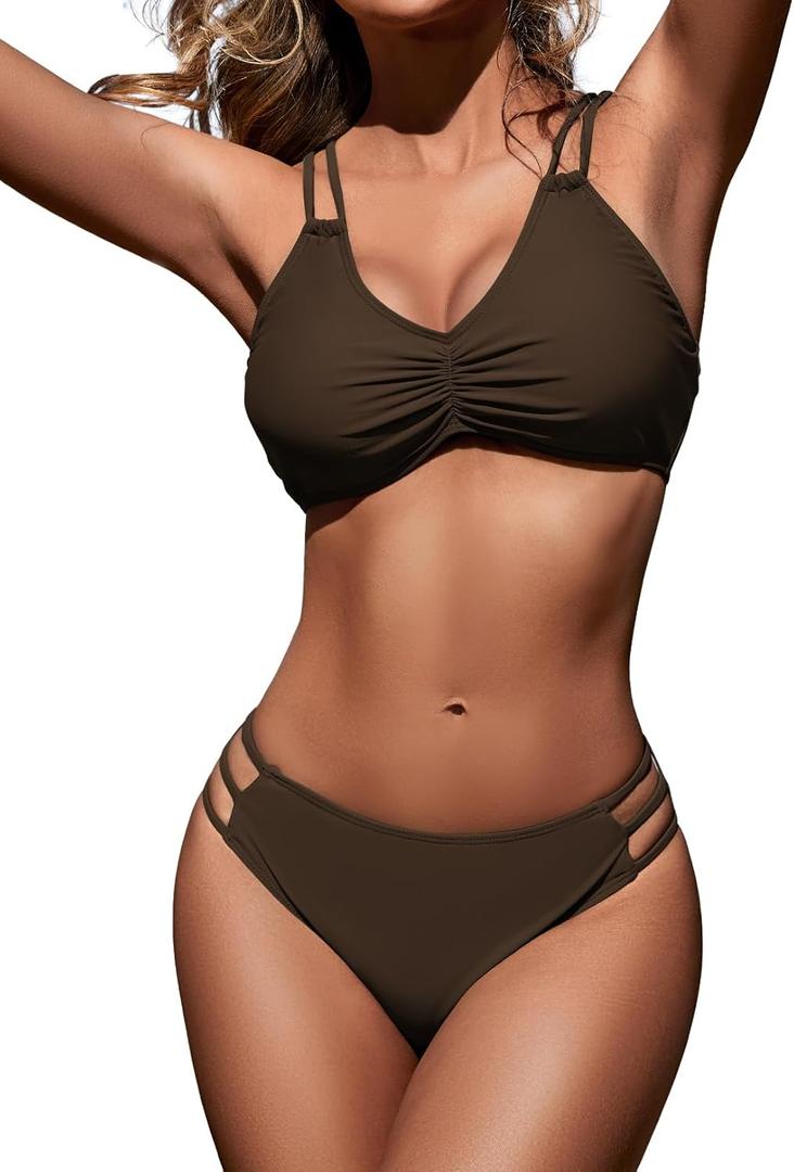 Zilcremo Women Two Piece Bikini Double Strap Swimsuits Hollow Out Bathing Suit Mid Waist Bikini Sets (Small, Coffee)