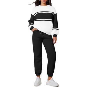 Herseas Women 2 Piece Outfits Sweatsuit Lounge Set Color Block Crewneck Pullover with Jogger Airport Tracksuit Matching Pants Set Black Small 4 6