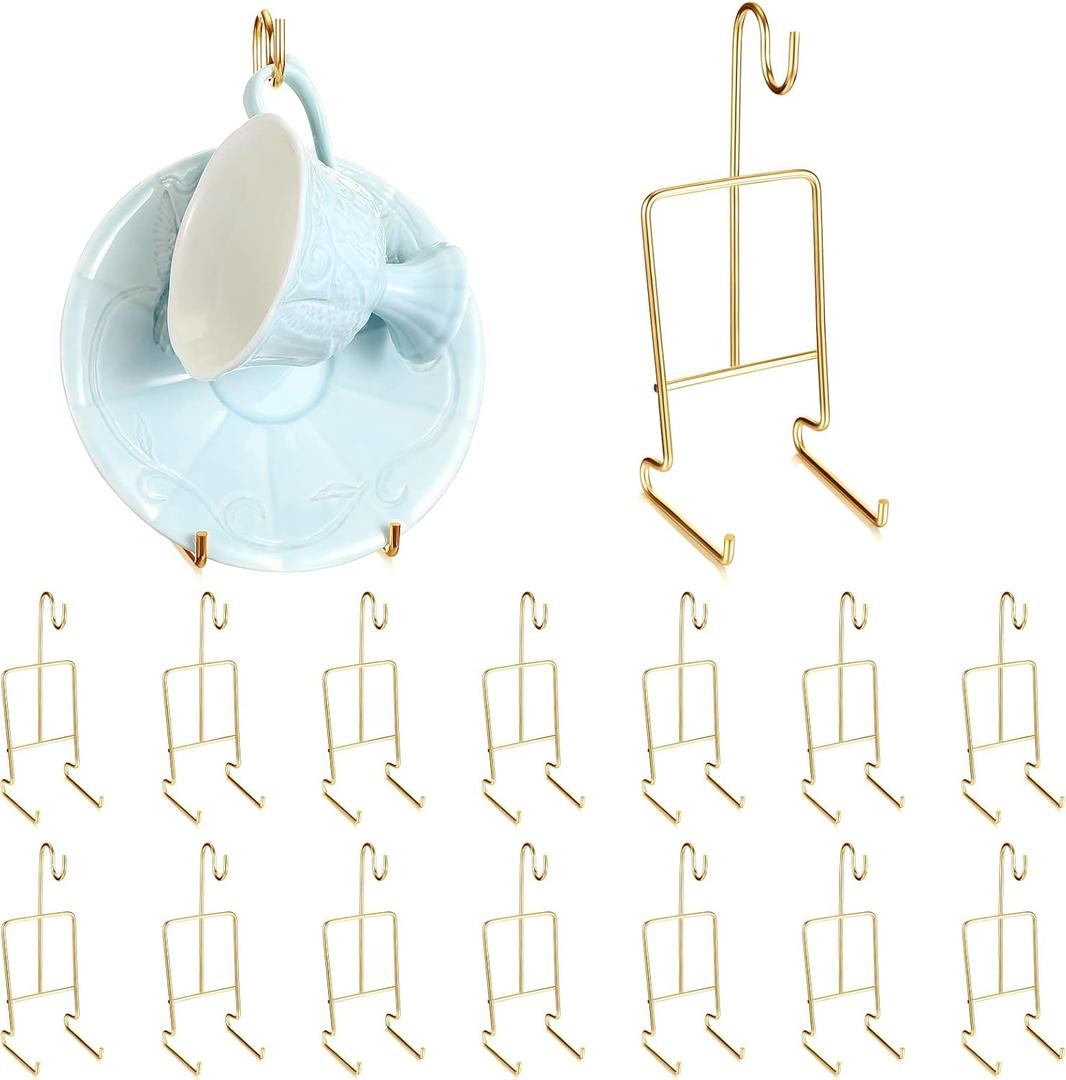 16 Pcs Small Tea Cup and Saucer Display Stand Holder Rack China Metal Cup Saucer Holder Display Shelf Coffee Mug Organizer for Plate Teapot