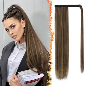 BARSDAR Wrap Around Straight Ponytail Extensions - 26 Inch Long Straight Ponytails for Women, Clip in Ponytail Hair Extensions Synthetic Pony Tails Hairpieces - Chocolate Brown with Highlights