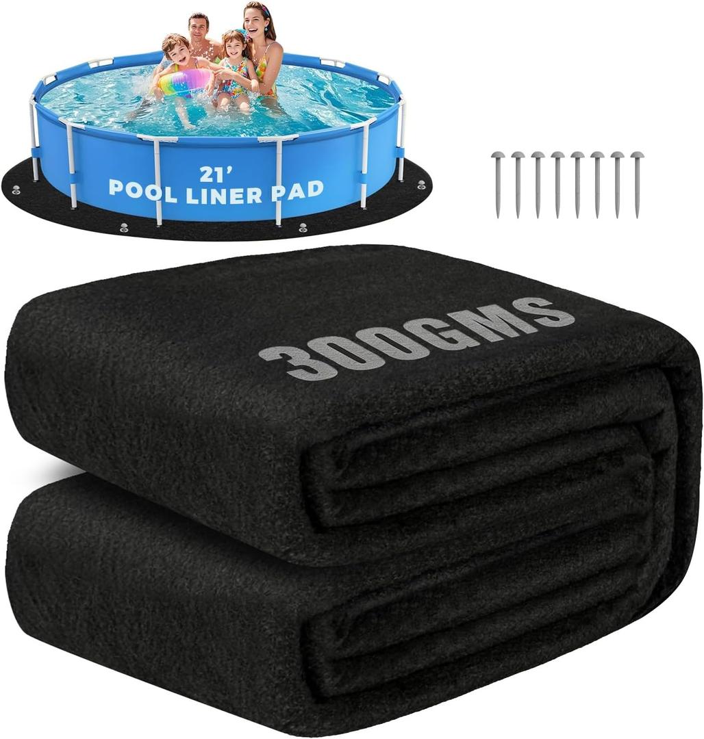 21 FT Round Pool Liner Pad for Above Ground Pools, 300GSM Heavy Duty Thickened Pool Pad with Grommets & Stakes, Anti-Shift Underlay Mat, Puncture & Weed Proof Pool Ground Mat