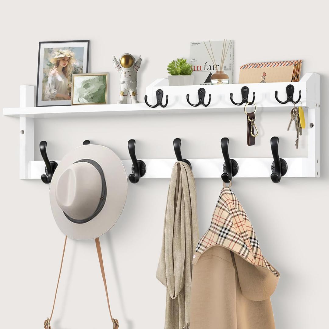Coat Rack Wall Mount with Shelf, 27.5" Entryway Wall Hanging Shelf, Coat and Key Hanger with 10 Dual Hooks, Mail Organizer and Key Holder Hat Rack for Wall, Wood Coat Hooks with Storage (White)