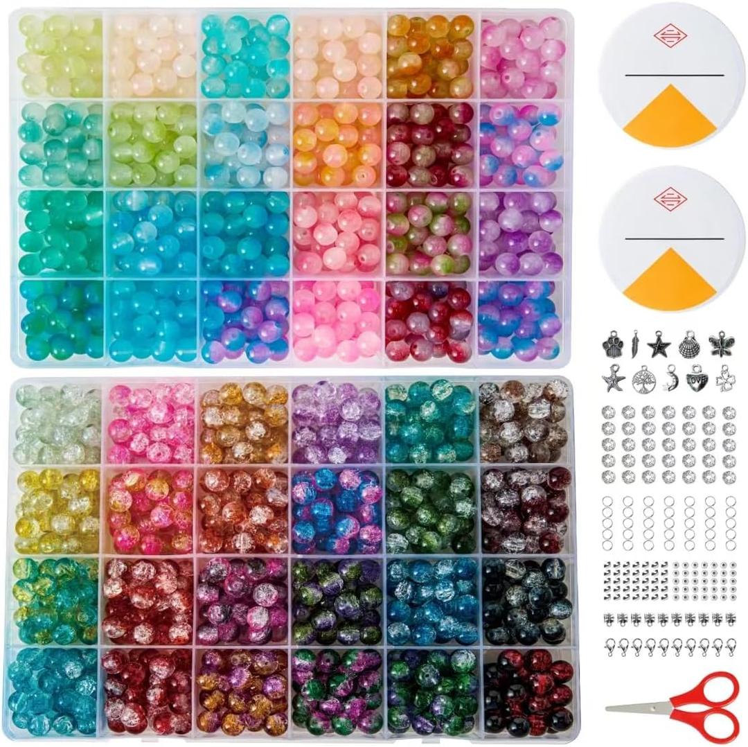 1300 Pcs Glass Beads for Jewelry Making 8mm Beads in 48 Colors, 2 Box Set of Bulk Glass Beads for Bracelets, Crafts & DIY Gifts