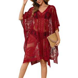 Sexy Elegant Lace Beach Cover Up for Women, Bathing Suit Cover Up, V-Neck Swimsuit Coverup for Poolside, Seaside and Party (Red 2)