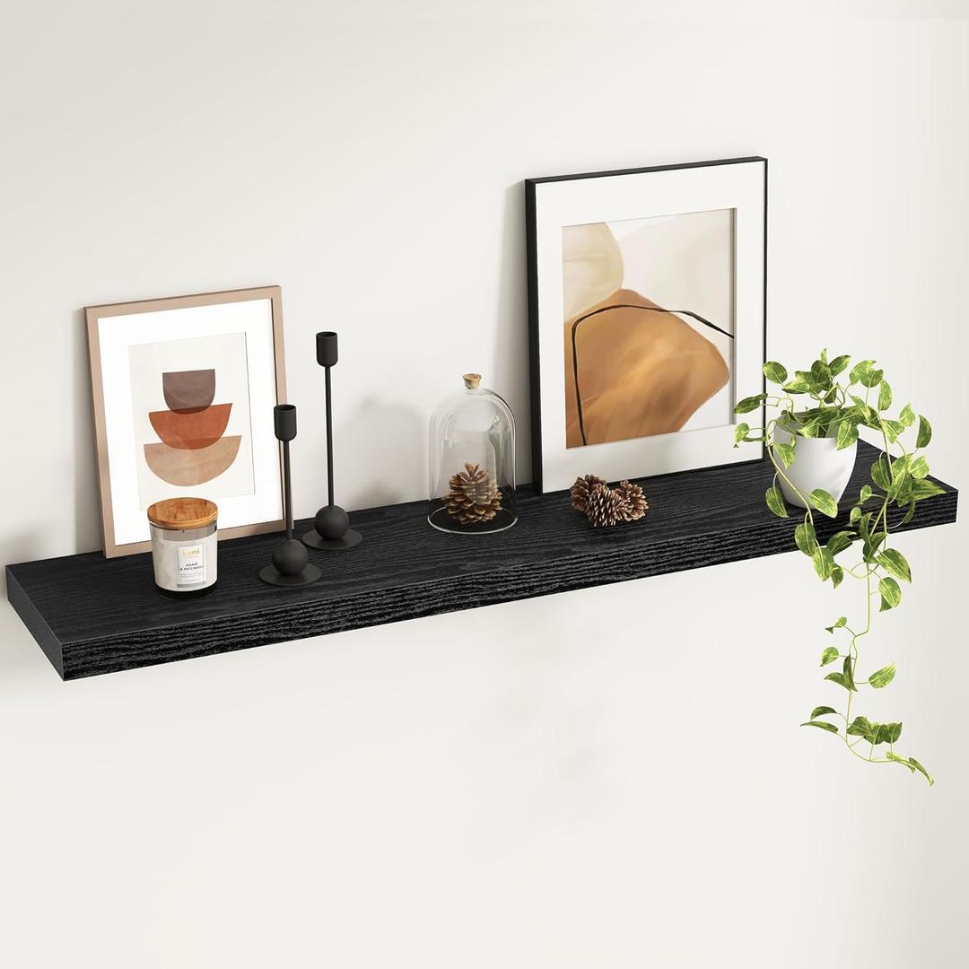 Fun Memories Floating Shelves - 9 Inch Deep Wall Shelf for Decor & Storage - Wall Mounted Display Shelving with Invisible Heavy-Duty Metal Bracket - 48" W x 9" D x 1.6" H - Set of 1 - Rustic Black (48"W x 9"D x 1.6"H, Set of 1-MDF, Rustic Black)
