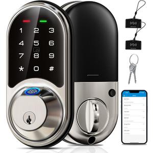Veise RZ07 Fingerprint Smart Lock, 7-in-1 Smart Locks for Front Door, Keyless Entry Door Lock with App Control, Biometric Electronic Touchscreen Keypad Deadbolt, Satin Nickel