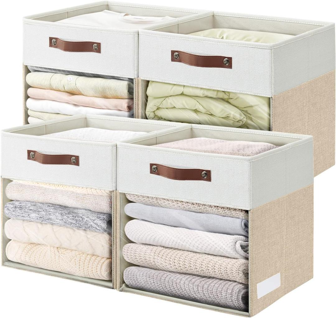 Bagnizer Storage Cubes, 4 Pack Linen Foldable Storage Bins (13 x 13 inch) with Clear Window and Handles, Fabric Organizer for Shelf Closet, Clothes, Books - (Beige and White)