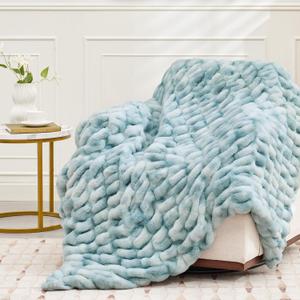 Ultra Soft Luxury Faux Fur Throw Blanket for Couch, Fuzzy Fluffy Plush Warm Cozy Ruched Blanket for Sofa Bedroom Living Room, Elegant Gift Idea for Women (50"x60",Tie-dye Freshwater Blue)