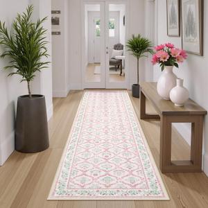 Uphome Moroccan Trellis Washable Hallway Runners, 2x8 Long Kitchen Runner Rug for Entryway Non Slip, Soft Traditional Floral Carpet Rugs Low Pile for Bedroom Living Room, Blush Pink