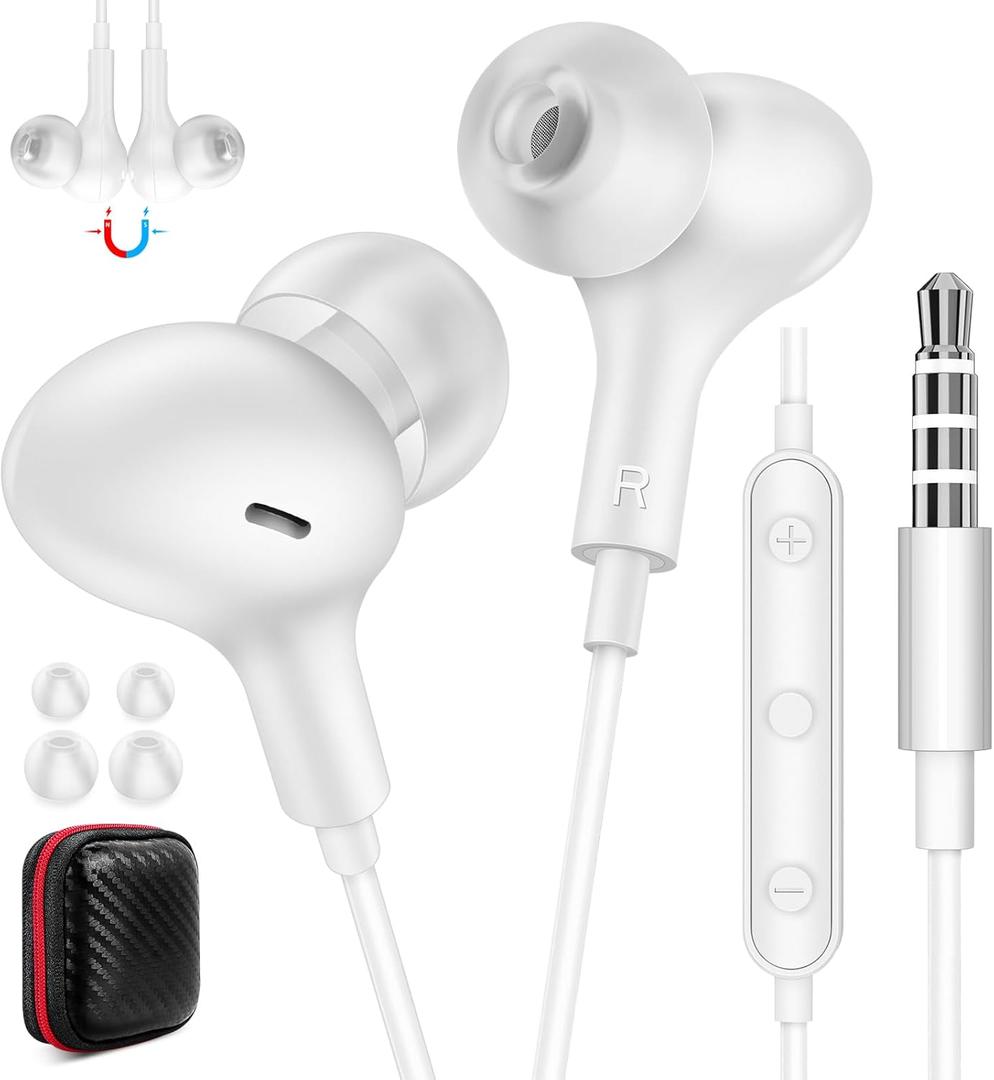 Wired Earbuds Noise Canceling for Chromebook PC School, 3.5mm Headphones Ear Buds Wired with Mic Magnet Stereo Plug in Earphones Cord for Galaxy A25 A15 A12 A03s S10 Moto Switch Laptop Computer, White