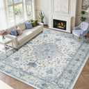 Area Rugs 9'x12' Washable Non-Slip, Floral Vintage Distress Print Pattern Medallion Carpet for Living Room Bedroom Dining Room, Light Blue Navy Beige Gray White