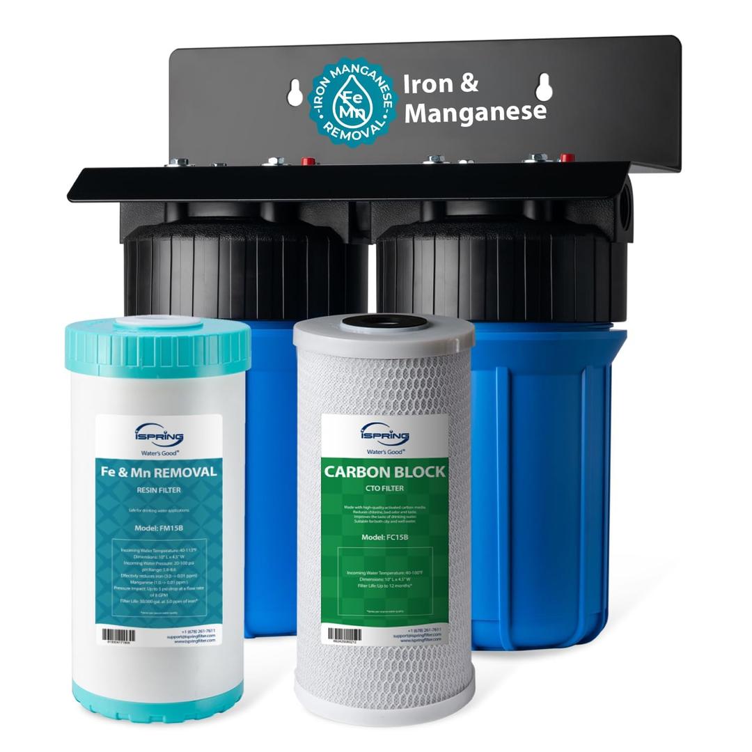 iSpring WGB21BM 2-Stage Whole House Water Filtration System, 10 x 4.5 Carbon Block and Iron & Manganese Reducing Filters, 1" Ports