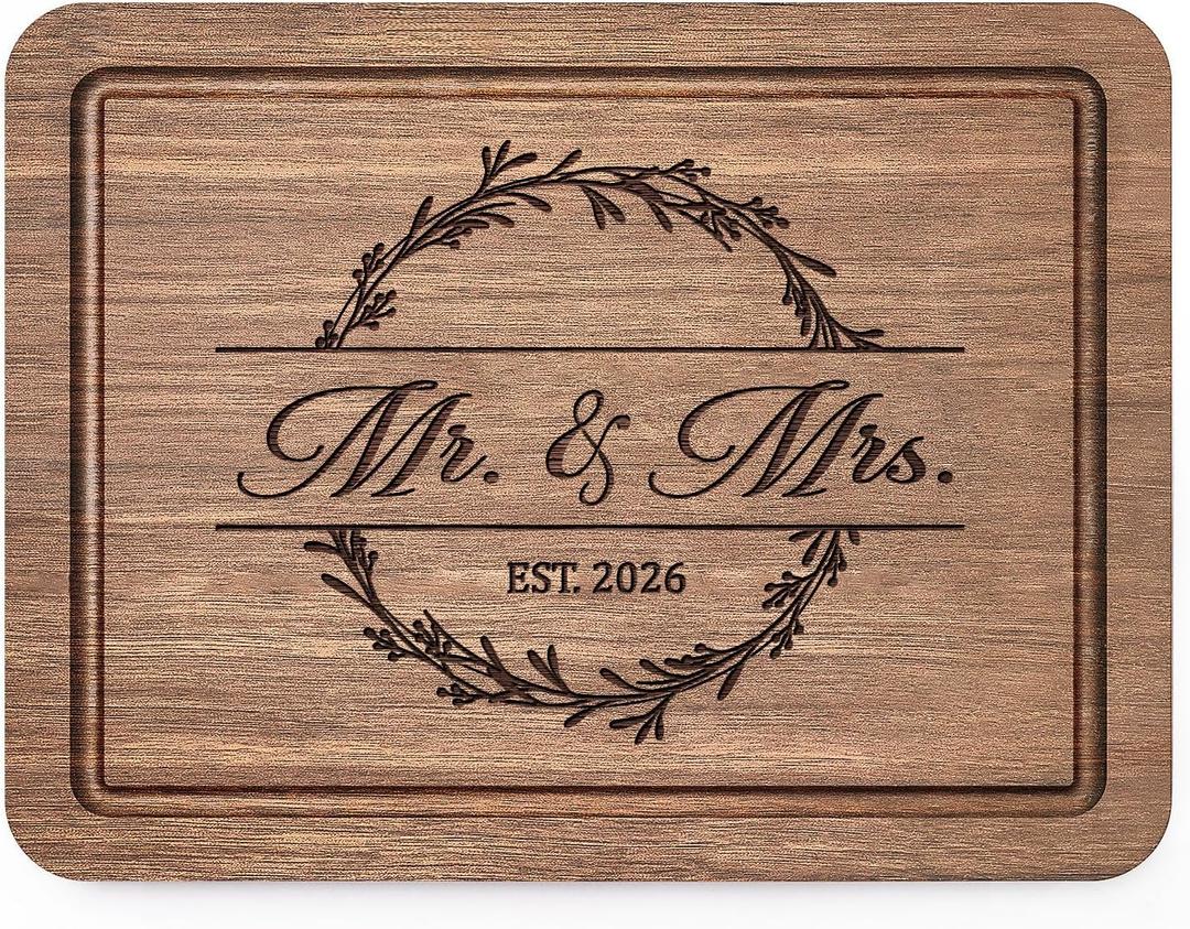 Craftique Wedding Gifts for Couples 2026, Bridal Shower Gifts- Walnut Wood Cutting Board Engraved with Mr. and Mrs. EST. 2026- Mr and Mrs/Wedding/Engagement Gift for Newlyweds Bride and Groom