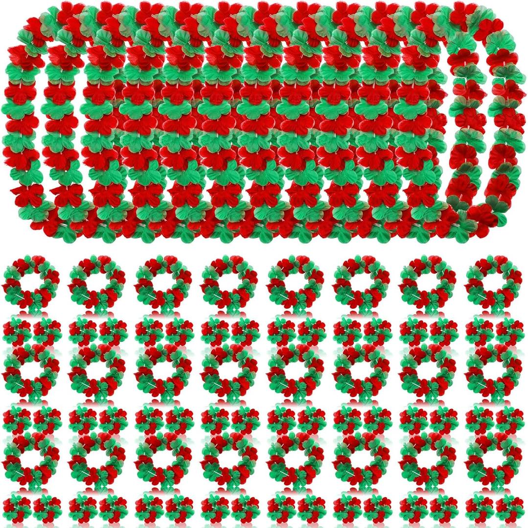 Knitgrip 48 Pcs Christmas Leis Tropical Hawaiian Christmas Decorations Luau Party Necklace Headband and Bracelets Set Flower Necklace Jewelry Favors Decor for Xmas Women Men Beach (Red,Green)