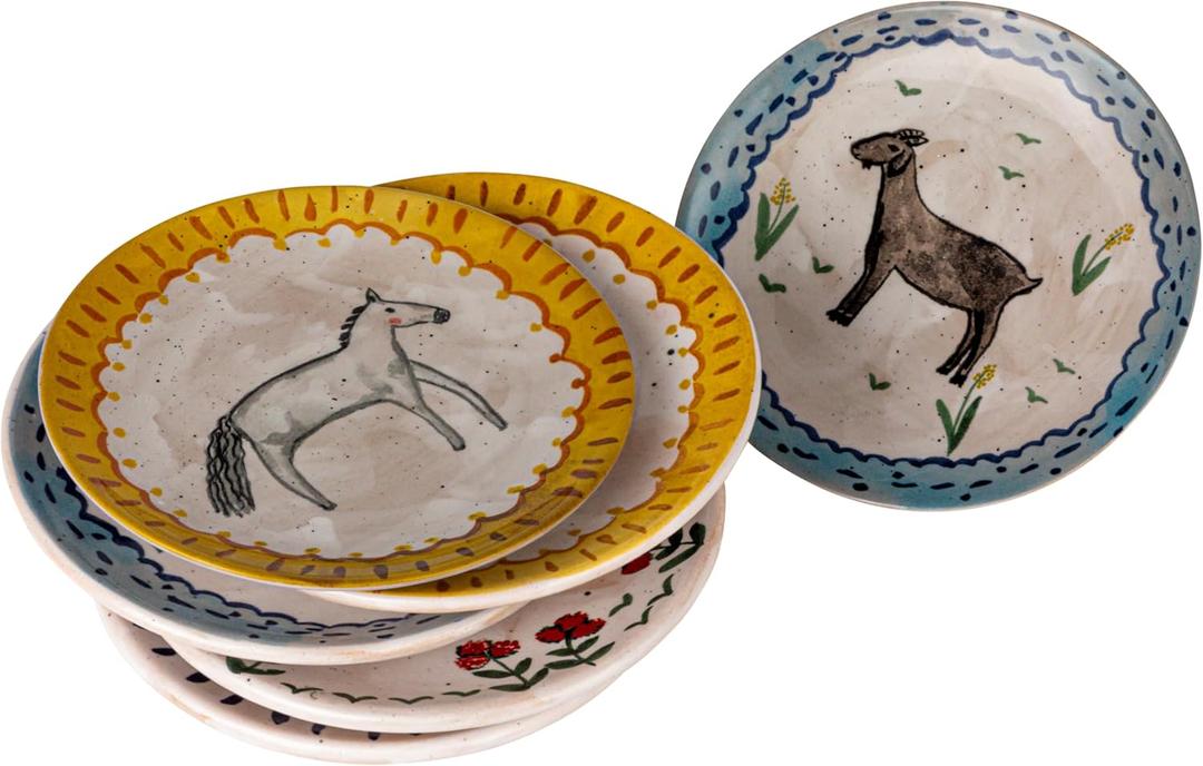 Creative Co-Op Enchanted Fauna Series Stoneware Plates, Multicolor, Set of 4