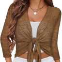 Summer Bolero Shrugs for Women Sheer Short Tie Front Cardigans for Dress 3/4 Sleeve Tops (Coffee, M)