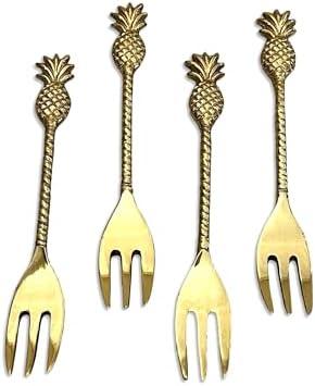 India Handicrafts Tropical Pineapple Handle, Gold Tone 5.5 Inch Stainless Steel Small Dessert Hors d'oeuvres Fork; Set of 4