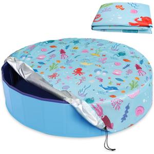 Round Pool Cover 63"(5 Ft), Foldable Kiddie Solar Cover Fit Dog Swimming Pool, Pets Kids Bath Tub, Anti-UV Dustproof Safety Pool Cover with Cute Ocean Animals Pattern