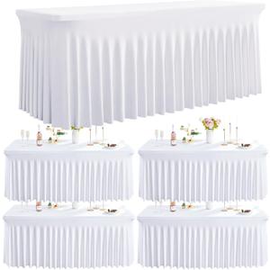 Outpain White Spandex Table Clothes for 8 Foot Rectangle Tables-4Pack 8FT Spandex Fitted Table Cover, Wrinkle Free