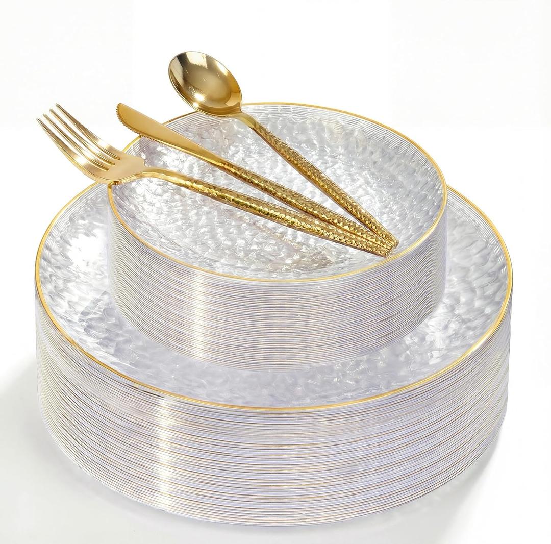 I00000 150Pcs Clear Plastic Plates with Gold Rim, Christmas Plastic Plates, Gold hammer patterned Disposable plates Set include 30 Dinner Plate, 30 Dessert Plate, 90 plastic Silverware Set for Christmas