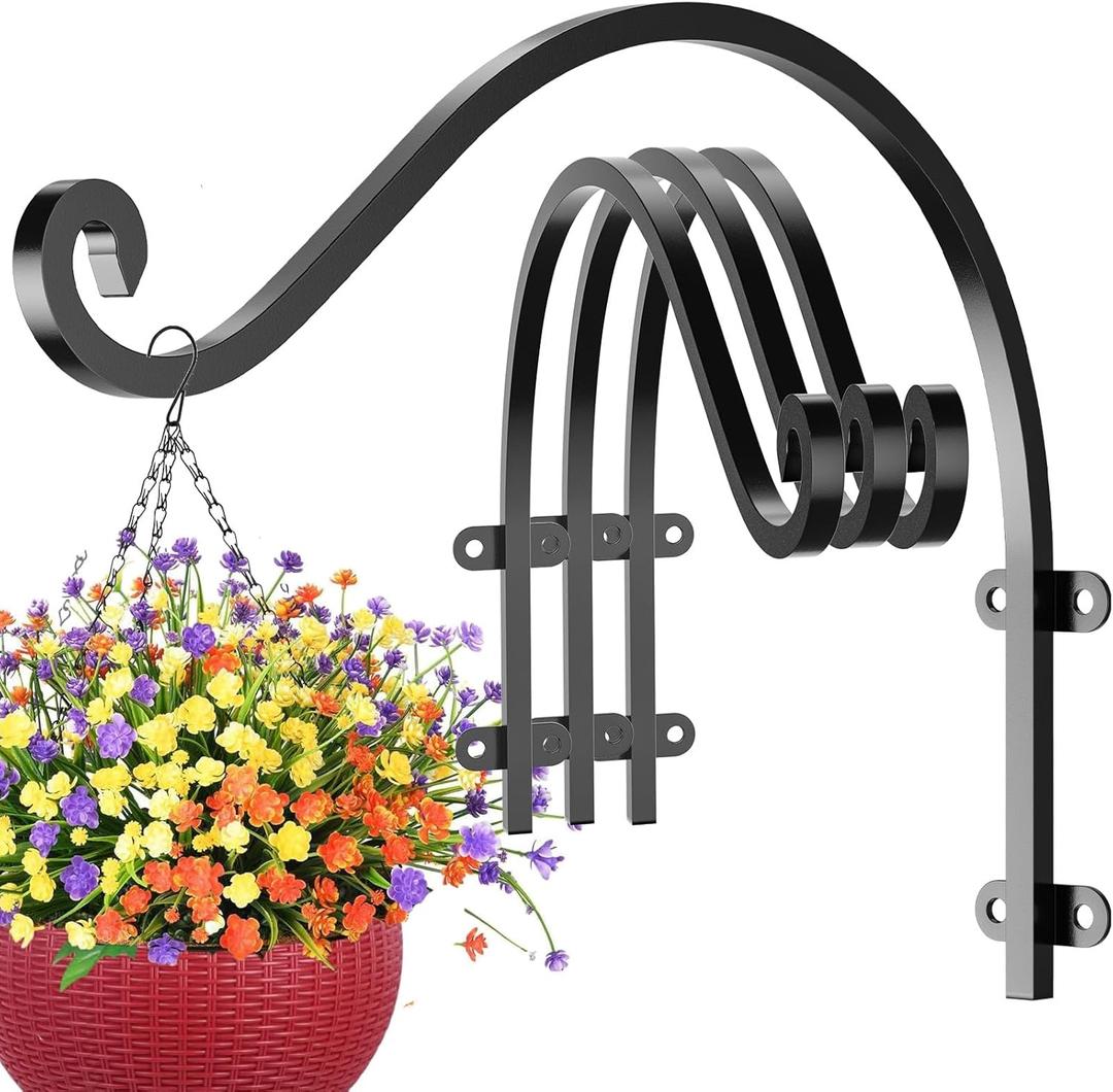 4 Pack Heavy Duty Plant Hanger Bracket, 16Inch Hanging Brackets for Plants Outdoor and Indoor, 80lbs Holding Capacity Metal Plant Wall Hooks, Black Hanging Plant Brackets for Flower Wind Bird Feeder