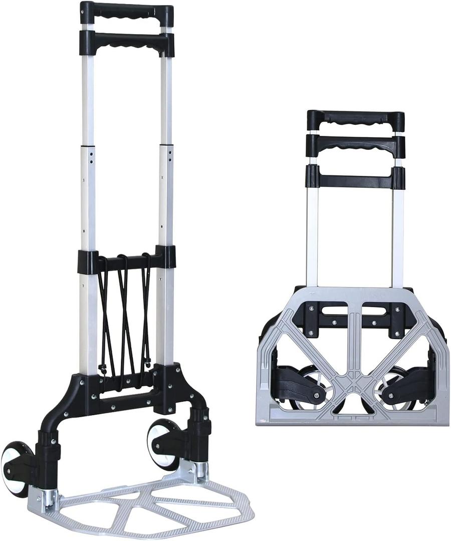 Folding Hand Truck Dolly Cart Aluminum Portable Hand Cart for Daily handling Work180lbs, with Silent Wheel Telescoping Handle Black Bungee Cord, Can Stand Alone Light Weight