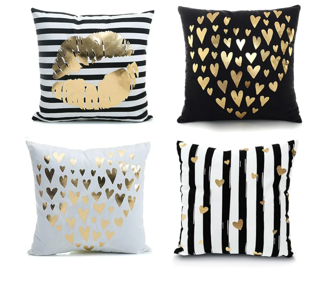 Monkeysell Bronzing Flannelette Home Throw Pillow Cover Lips Love Black Striped White Print Gold Black Room Decor Throw Pillows Cover for Couch Bed Sofa Christmas Gift18 inches