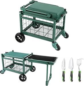 Rolling Garden Cart with Tool Bag and 3-Piece Garden Tools Set, Garden Work Seat and Heavy-Duty Wagons with 360° Swivel Wheels, Workbench and Metal Storage Basket, Supports Up to 400LBS