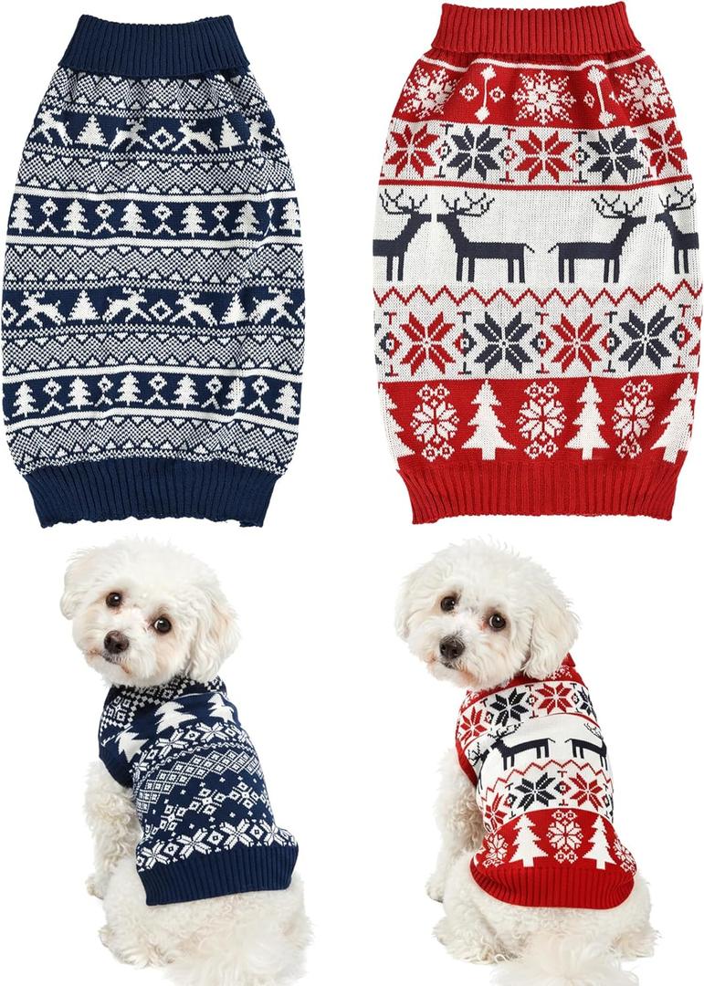2PCS Dog Christmas Sweater, Soft Warm Pet Clothes Coat for Small Medium Large Dogs and Cats Boy Girl, Fall Cozy Holiday Turtleneck Knitting Collar Pullover Pup Outfit Costume for Thanksgiving New Year (Red+Blue)